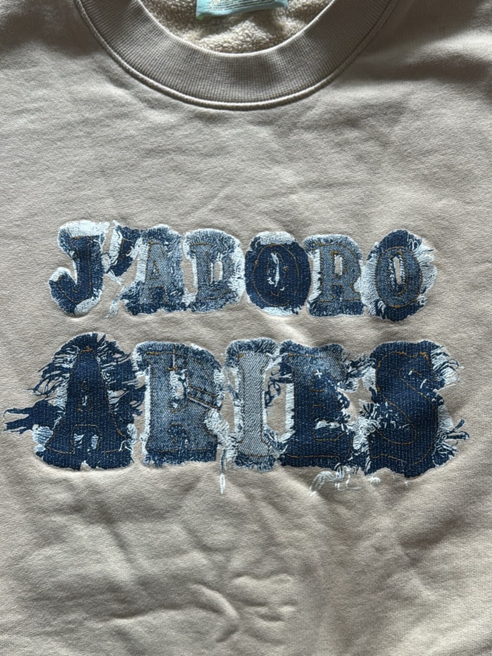 Crewneck Sweatshirt with Distressed Denim AppliquΓ© - Beige